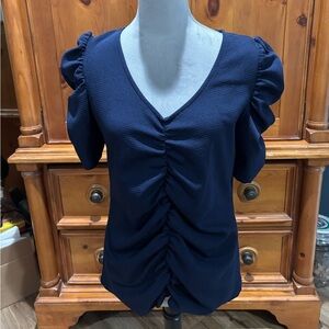 Love Ryan Navy Ruched Blouse, Sz M